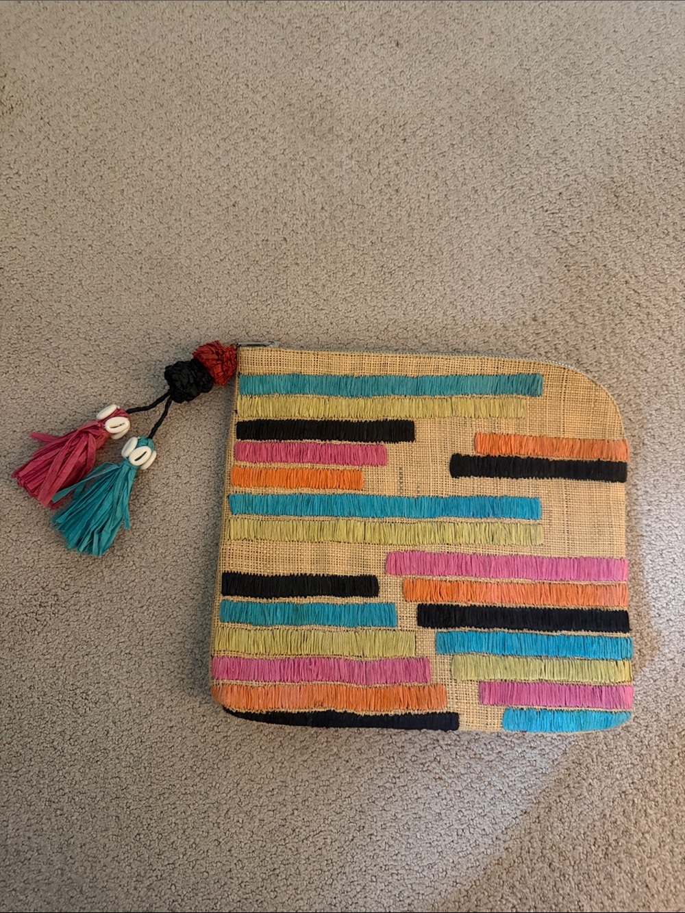 Roberta Roller Rabbit Large Zip Pouch Clutch in Natural with Multicolor Fringe